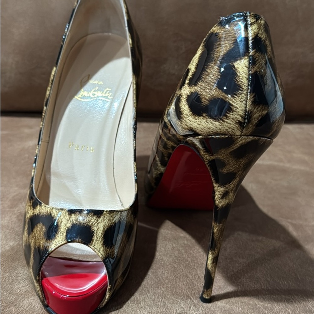 Christian Louboutin Leopard Print Peep Toe Heels with Red Soles